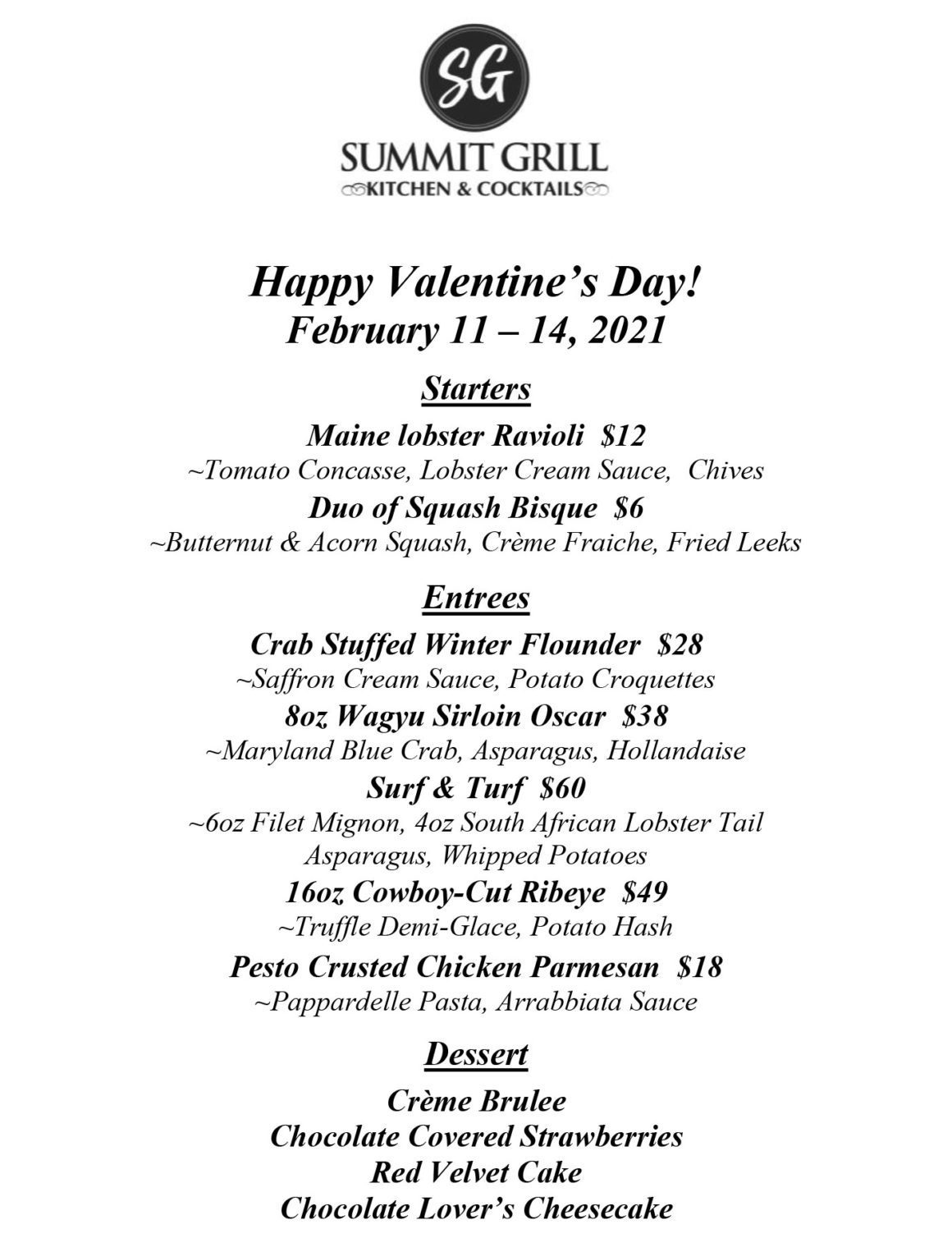 Valentine's Day Menu - Summit Grill Kitchen Cocktails