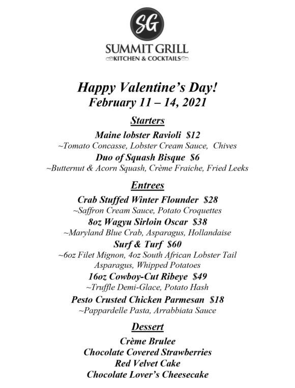 Valentine's Day Menu - Summit Grill Kitchen Cocktails