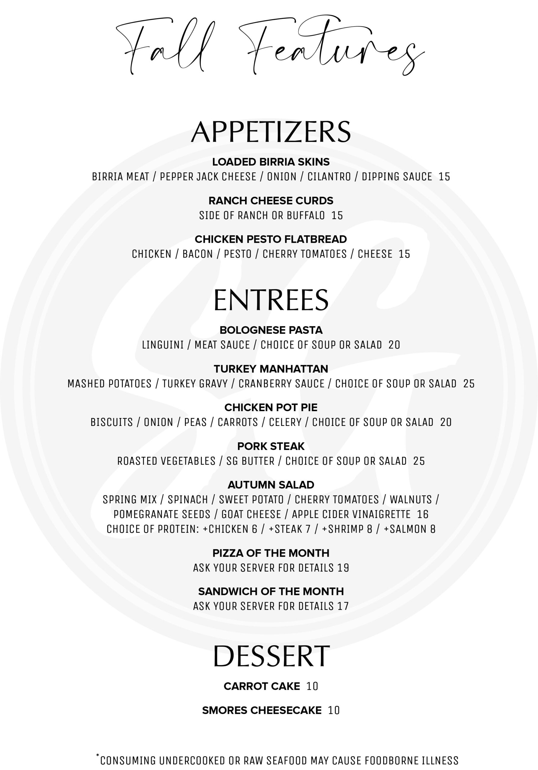 Summit Grill Special Fall Limited Time Offerings Menu